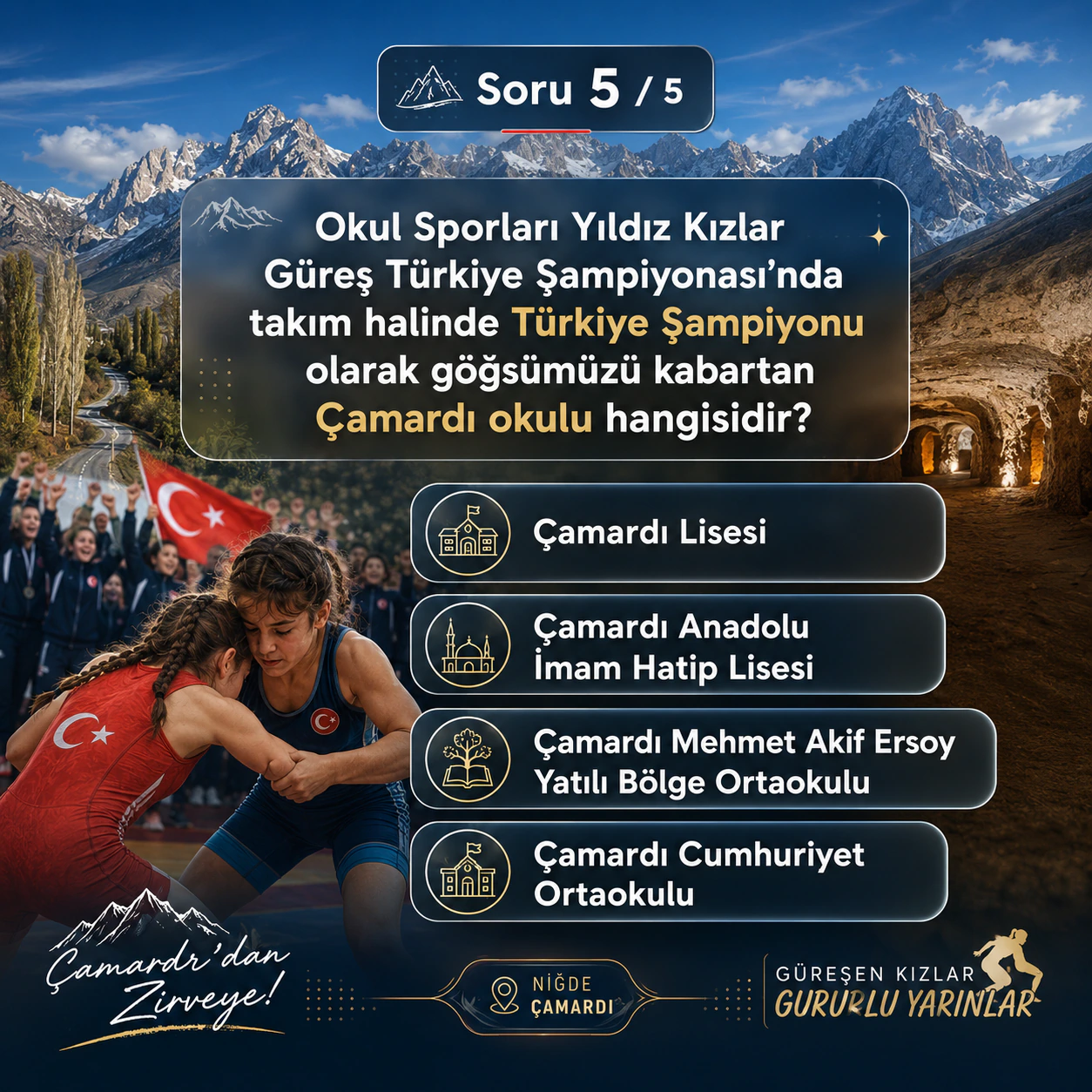 Okul Sporları Yıldız Kızlar Güreş Türkiye Şampiyonası'nda takım halinde Türkiye Şampiyonu olarak göğsümüzü kabartan Çamardı okulu hangisidir?